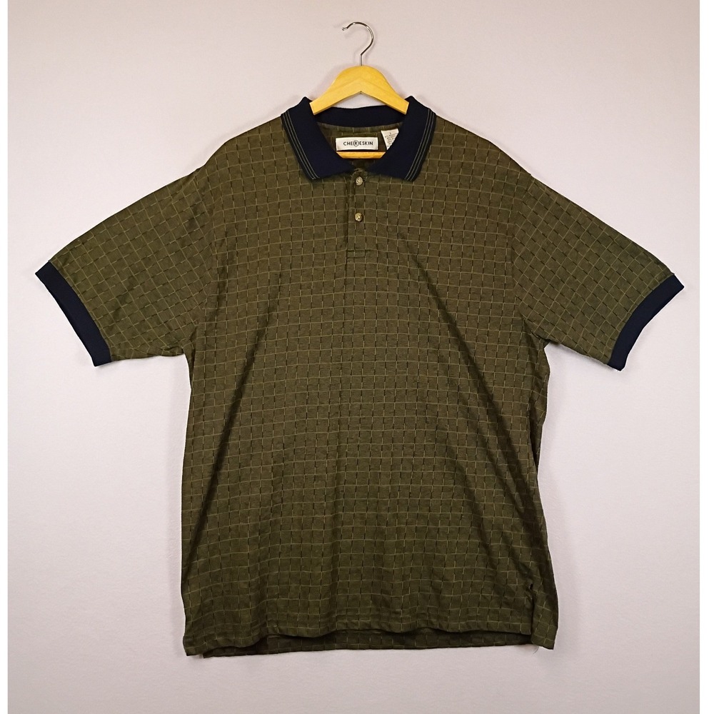 Vintage Grandpa Core Chereskin Mens Large Olive Green Grid Short Sleeve Polo